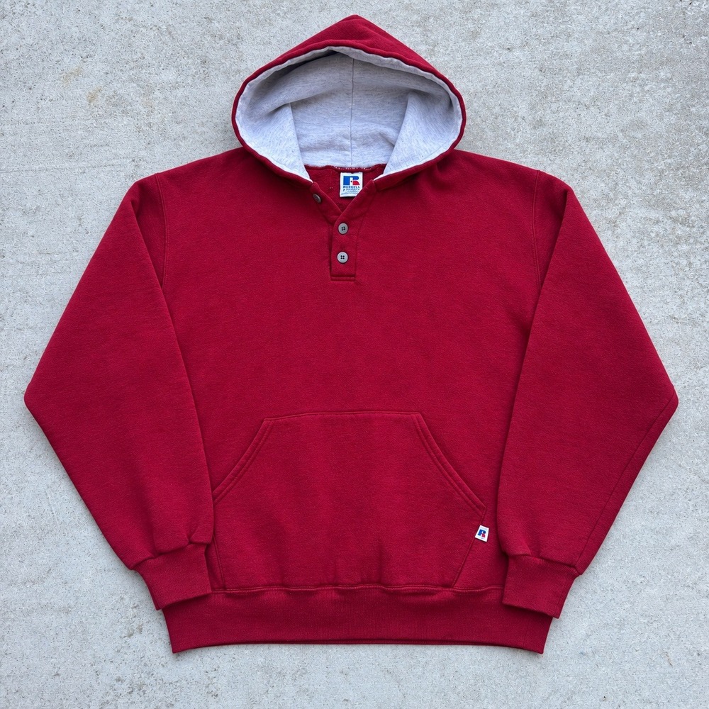 Vintage 90s Russell Athletic Henley Hoodie Maroon Red Made in USA Mens Large